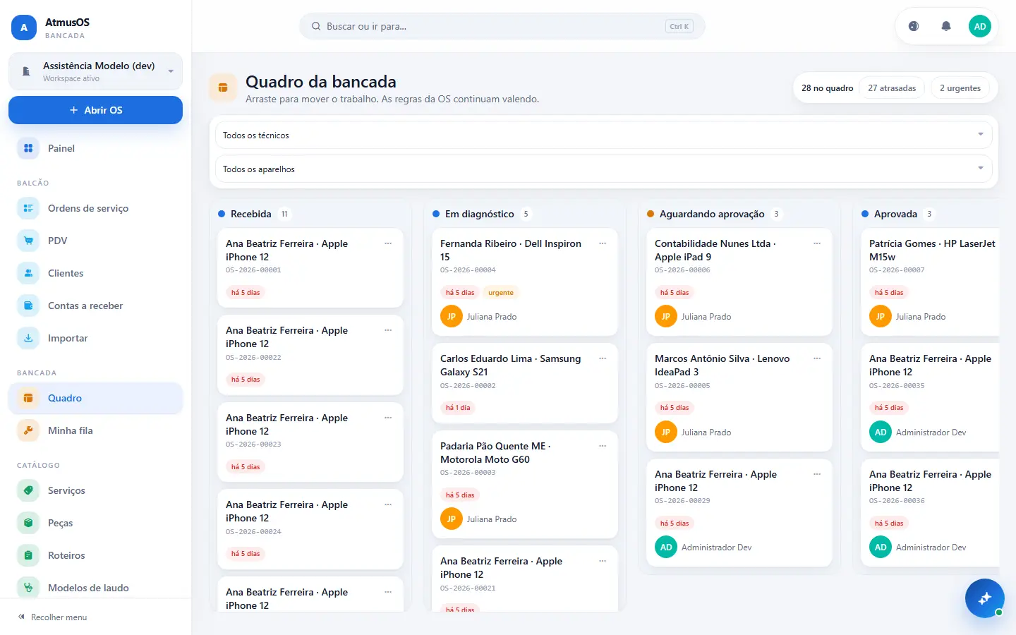 Sistema de ordem de serviço do AtmusOS com etapas da bancada técnica
