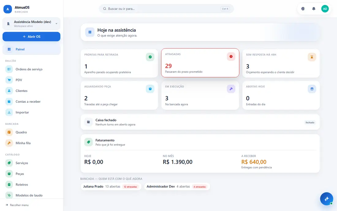 Painel do AtmusOS mostrando ordens de serviço atrasadas, prontas para retirada e faturamento do mês