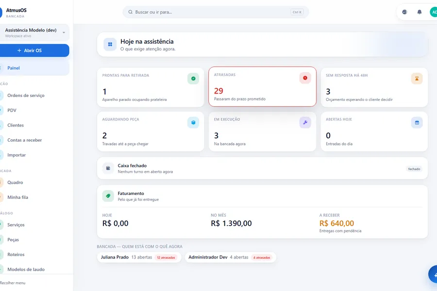 Painel do AtmusOS com a visão da operação