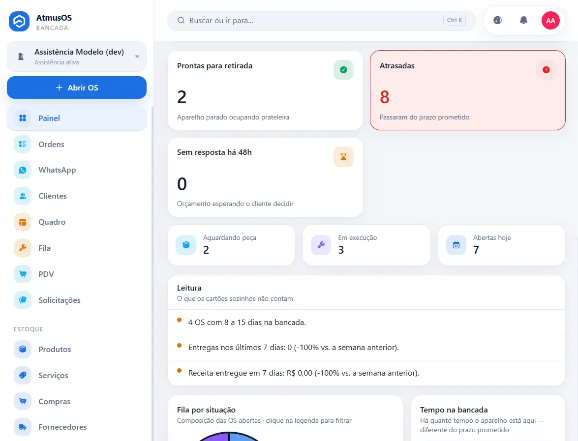 Software para assistência técnica AtmusOS aberto em uma tela de computador
