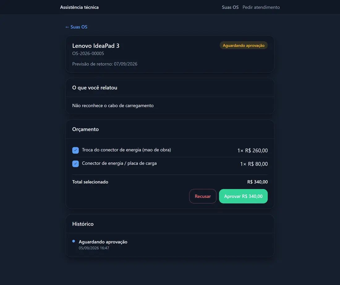 Portal do cliente do AtmusOS: uma OS com status, o que o cliente relatou e o orçamento com botão de aprovar, acessado por link sem senha