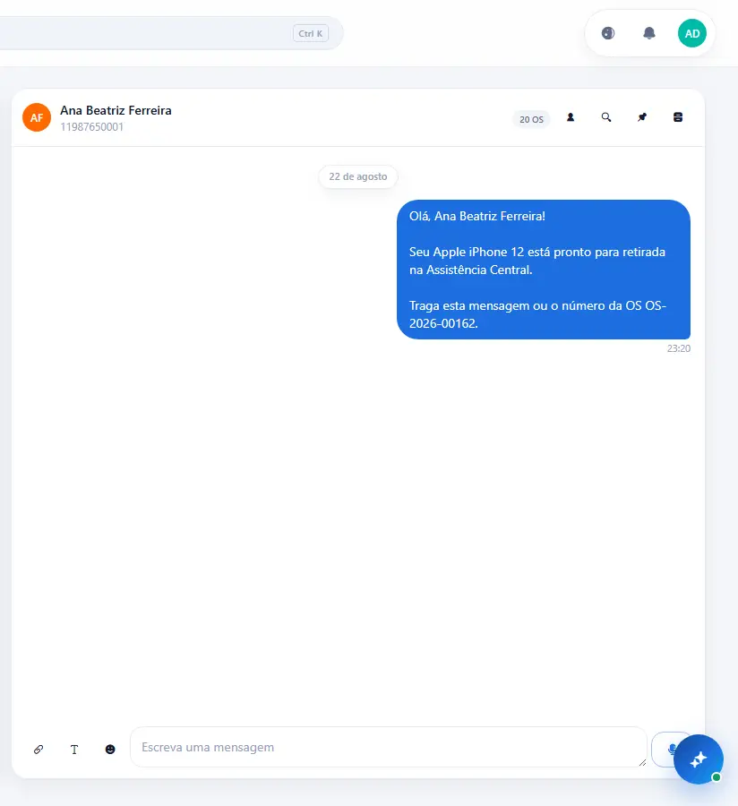 Conversa de WhatsApp dentro do AtmusOS avisando que um aparelho está pronto para retirada